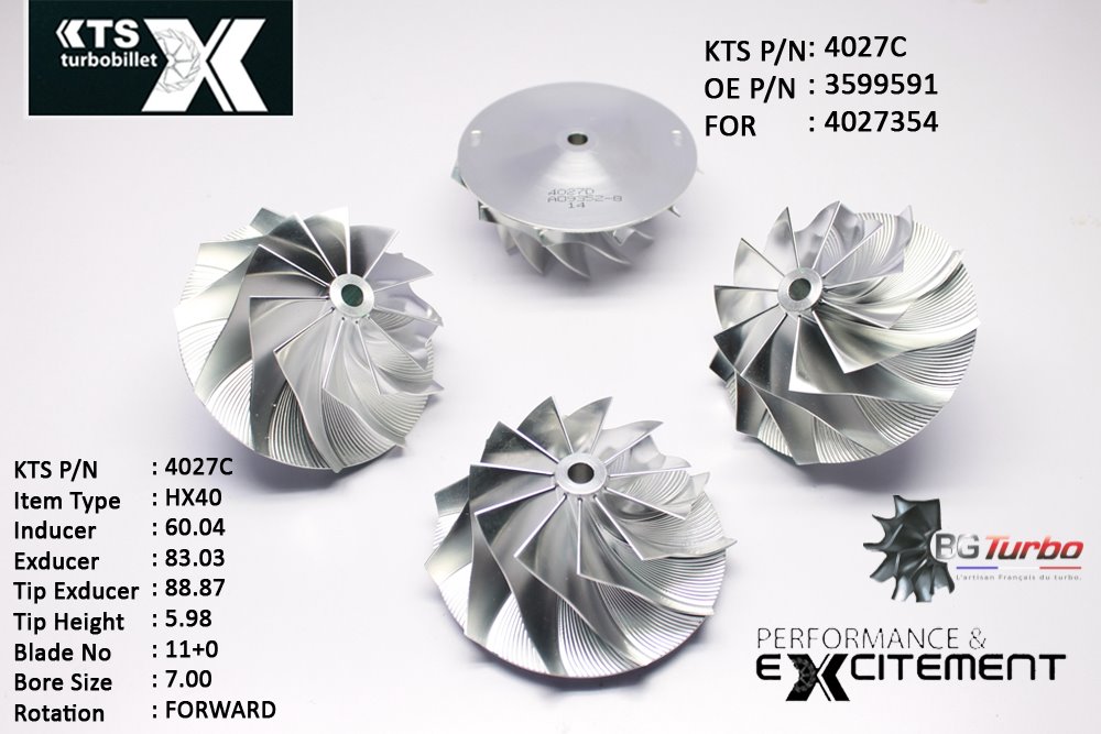 Turbo ROUE FORGÉE MFS PERFORMANCE - 11+0 PALES - INDUCER : 60,04 - EXDUCER : 83,03 - TYPE : HX40ANGLE : 50° - ROTATION : Forward - SUPER BACK : 5,01 - BORE SIZE : 7
